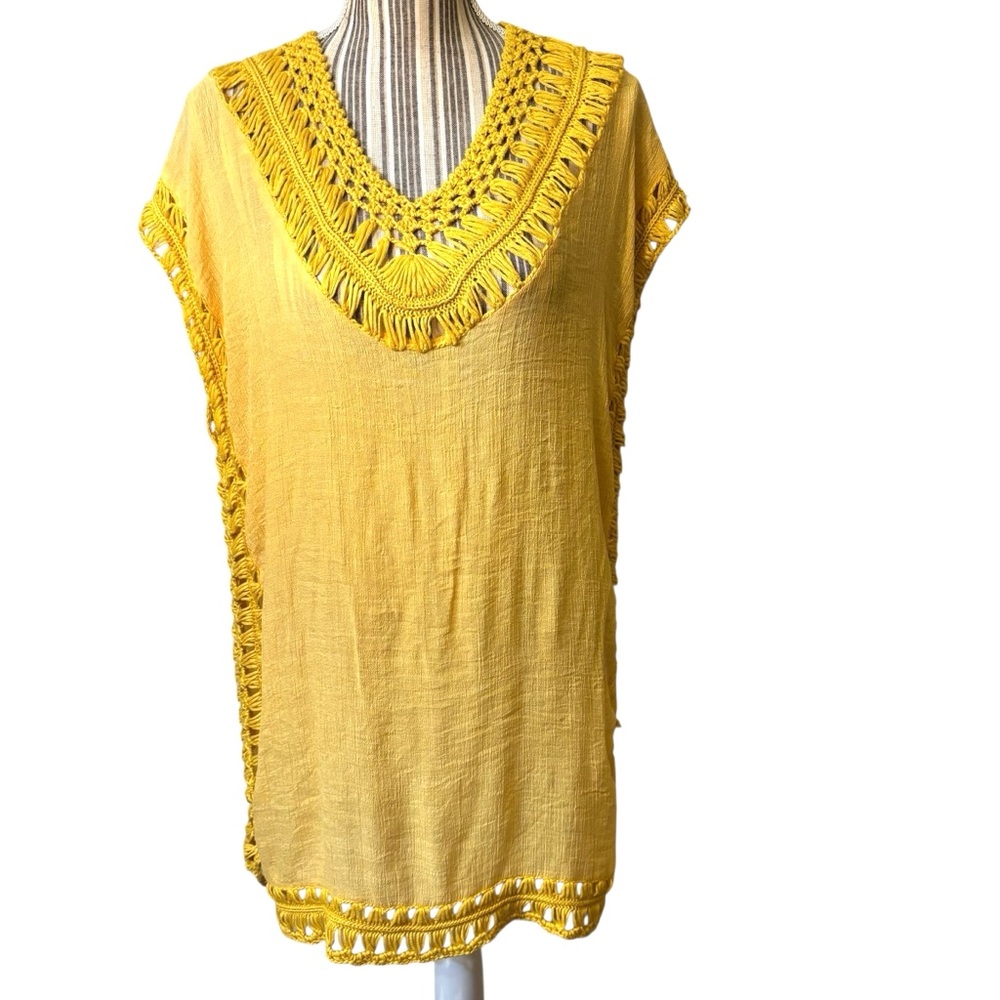 Swim Coverup One Size Sunny Yellow Gold Crochet Trim Lightweight Semi-Sheer